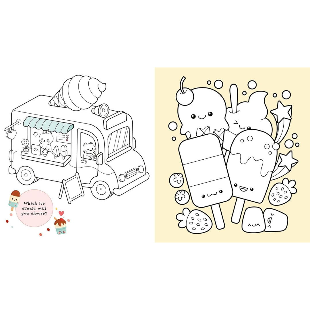 Coloring page with an ice cream truck and ice cream characters on a white background.