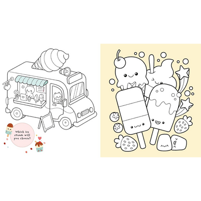 Coloring page with an ice cream truck and ice cream characters on a white background.