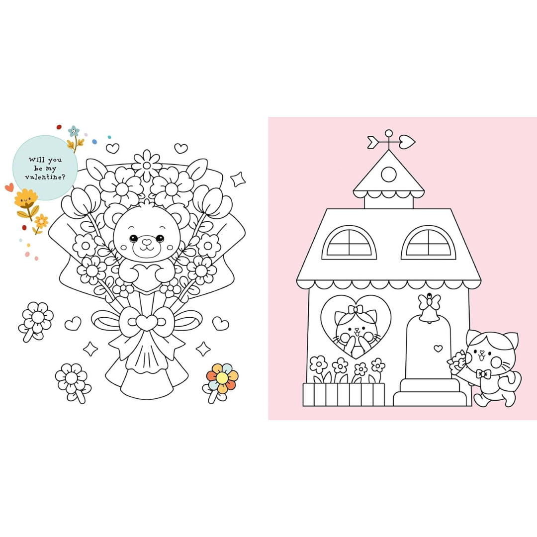 Coloring book page with Valentine's Day-themed illustrations and text.