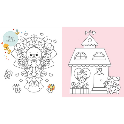 Coloring book page with Valentine's Day-themed illustrations and text.