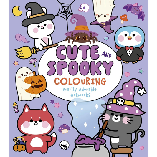 Coloring book cover titled 'Cute and Spooky Colouring' with cartoon characters on a purple background.