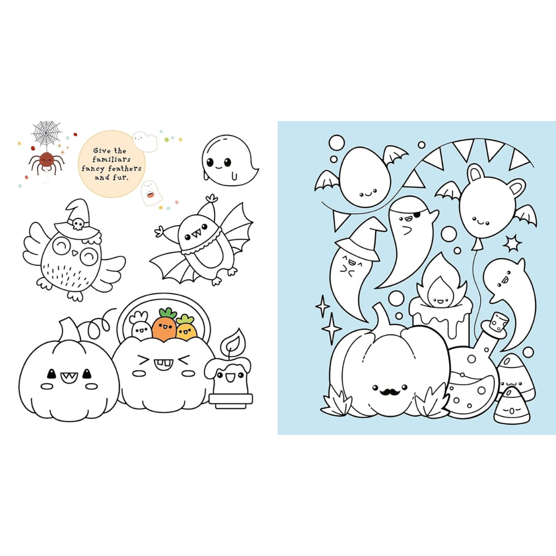 Coloring book page with Halloween-themed illustrations on a white background