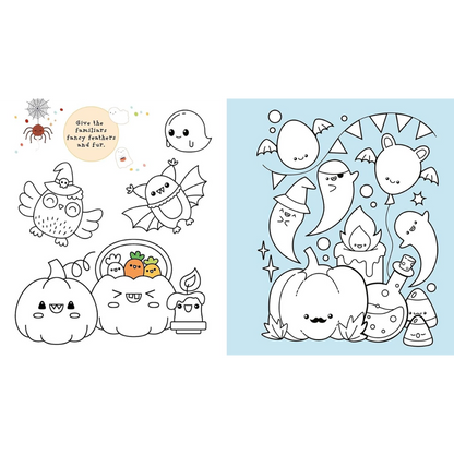 Coloring book page with Halloween-themed illustrations on a white background