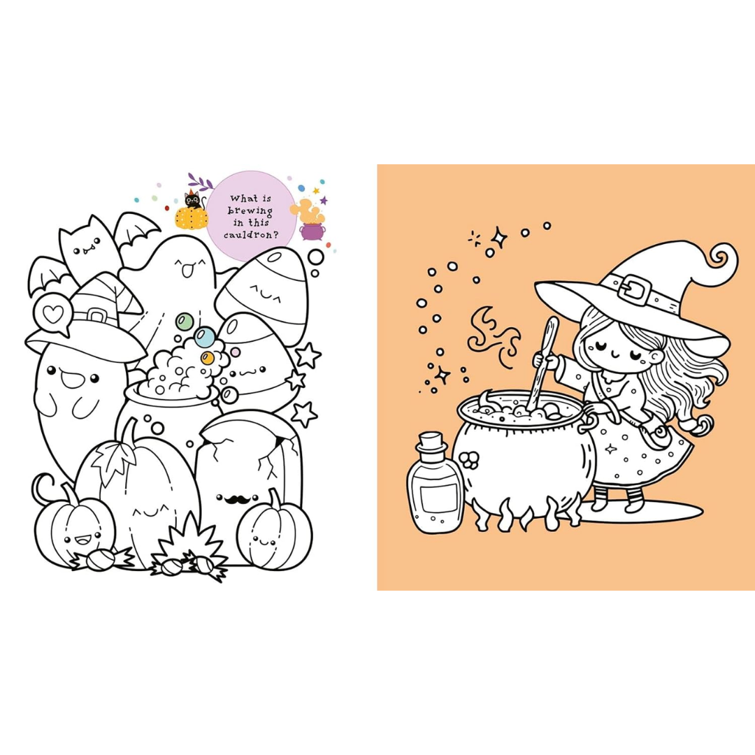 Coloring book page with a witch and pumpkins on one side and a completed illustration of a witch on the other.