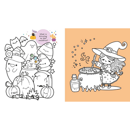 Coloring book page with a witch and pumpkins on one side and a completed illustration of a witch on the other.