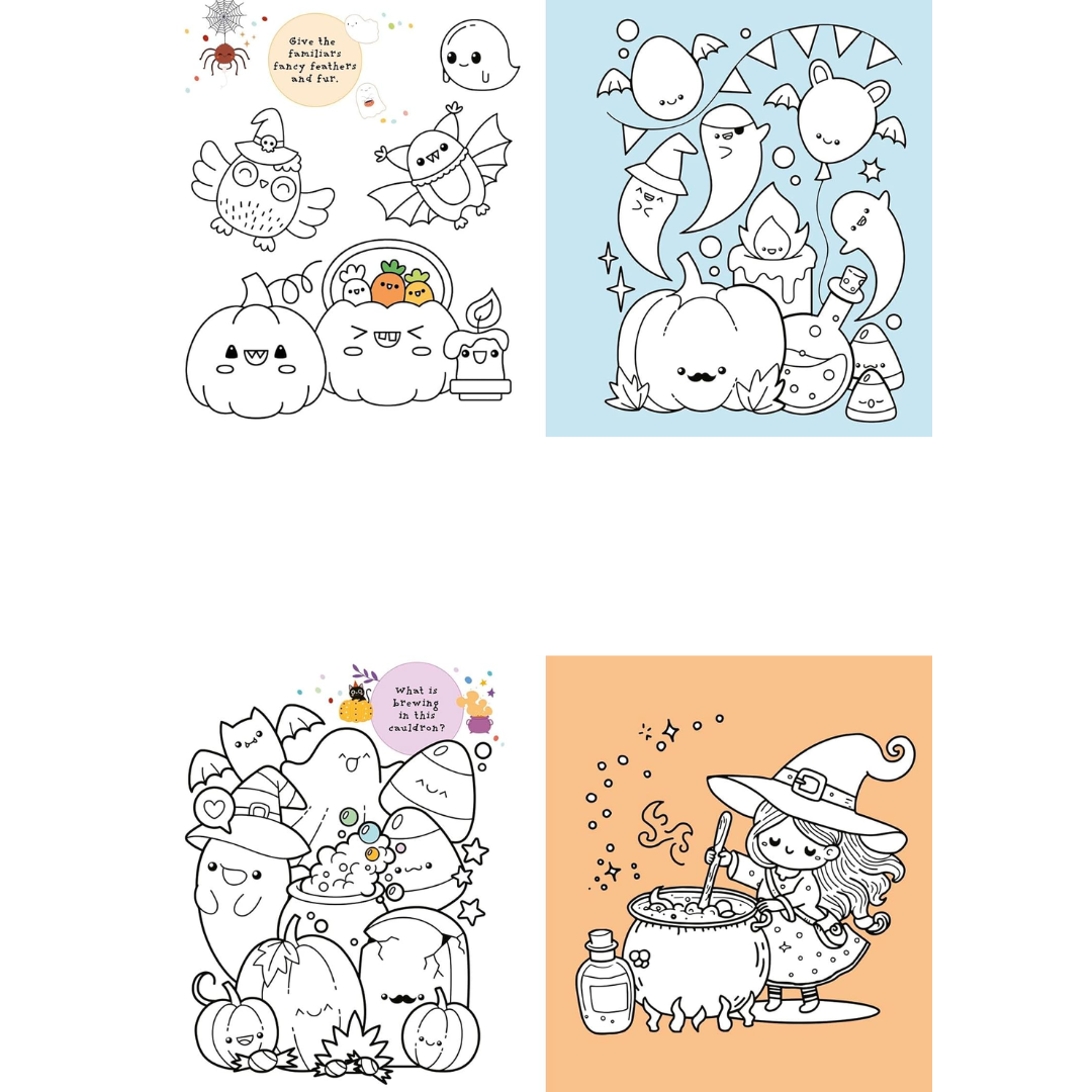 Set of Halloween-themed coloring pages with cute illustrations on a white background.