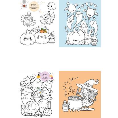 Set of Halloween-themed coloring pages with cute illustrations on a white background.