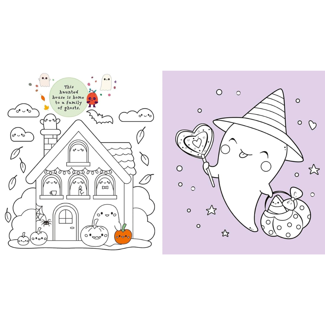 Coloring book pages with a haunted house and a ghost holding a lollipop on a purple background.