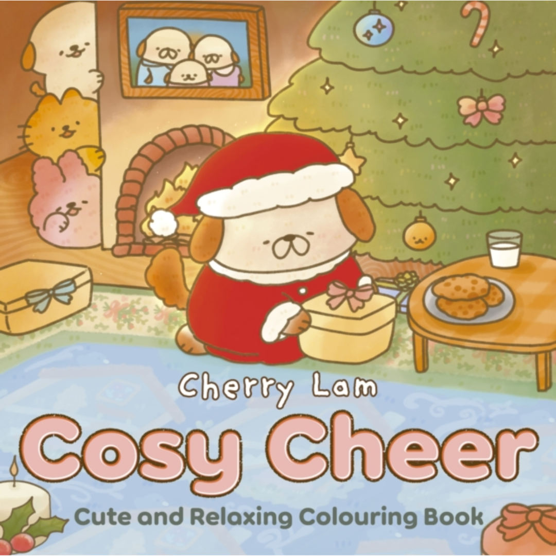 Cover of 'Cosy Cheer' coloring book by Cherry Lam featuring a dog in a Santa hat.
