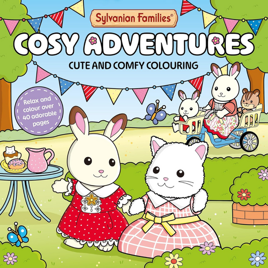 Children's coloring book cover featuring Sylvanian Families with two cartoon animals and a family in a garden setting.