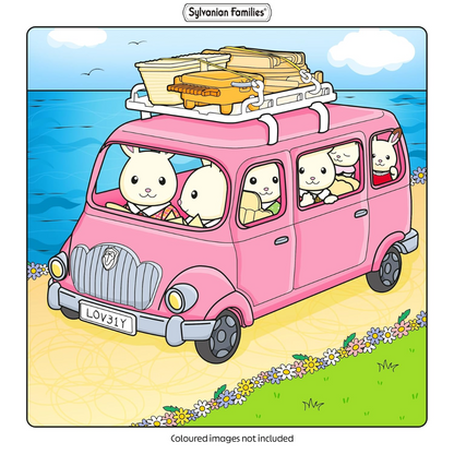 Pink van with bunnies on a beach, featuring Sylvanian Families branding.