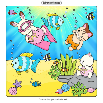Coloring page with cartoon characters in an underwater scene, featuring a rabbit, cat, and kitten with fish and sea plants.