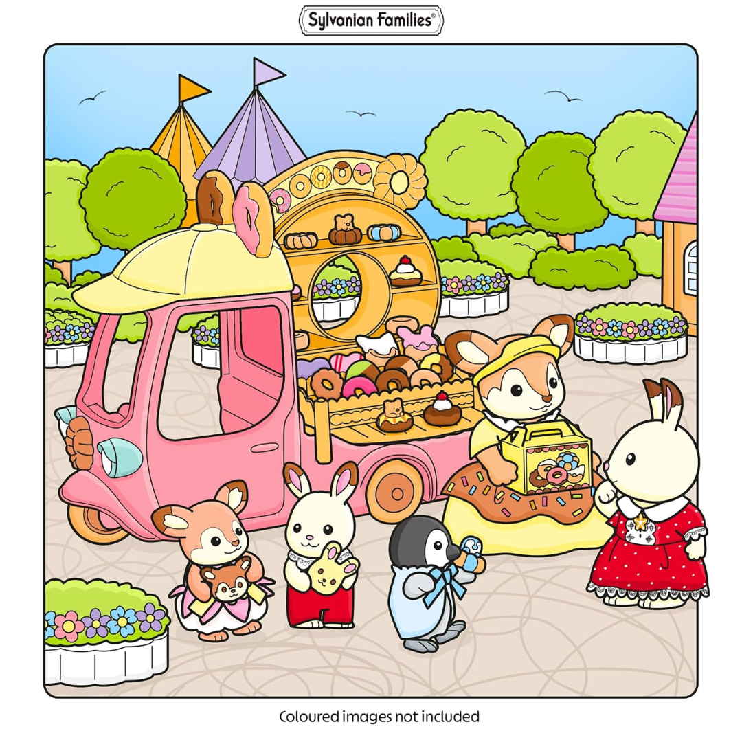 Illustration of cartoon animals at a market with a pink food truck and various stalls.