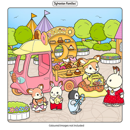 Illustration of cartoon animals at a market with a pink food truck and various stalls.