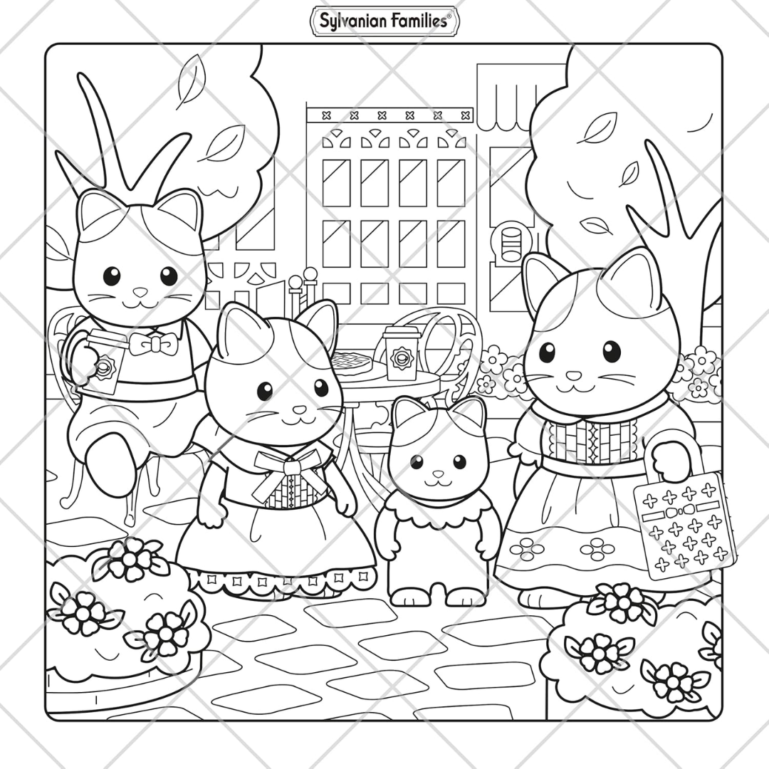 Black and white illustration of a family of cats in a garden setting, featuring the Sylvanian Families brand.