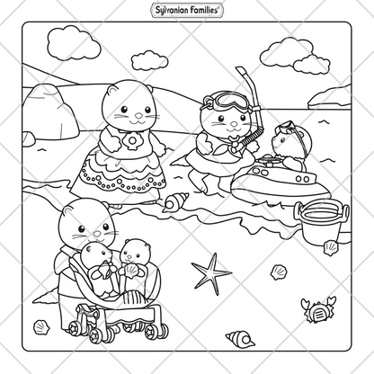 Black and white illustration of Sylvanian Families characters at the beach with a coloring grid.