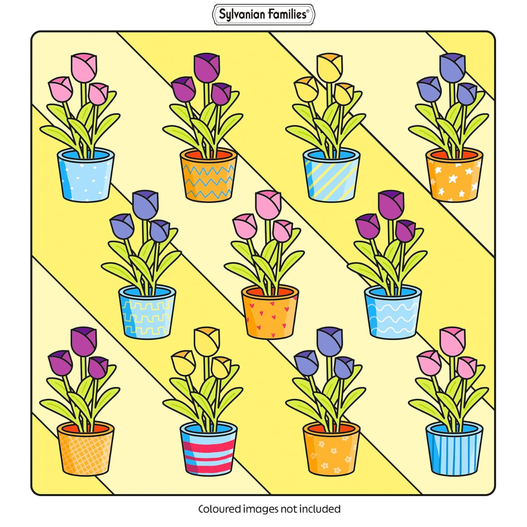 Pattern of potted tulips with colorful pots on a yellow background, featuring the Sylvanian Families logo.