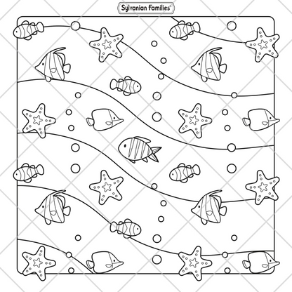 Underwater scene with fish and starfish, designed for coloring, featuring the Sylvanian Families logo.