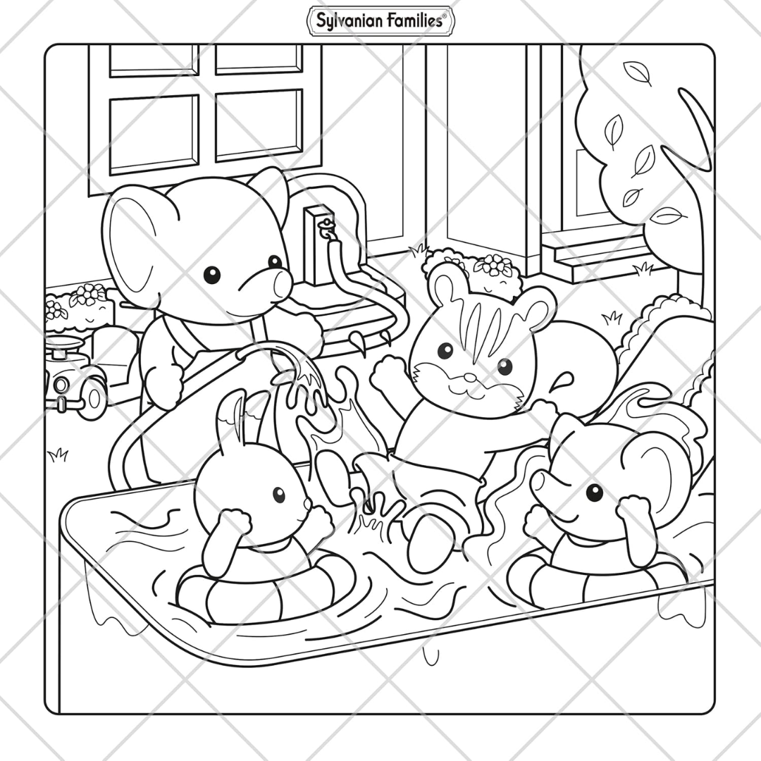 Coloring page of Sylvanian Families characters in a bathtub.