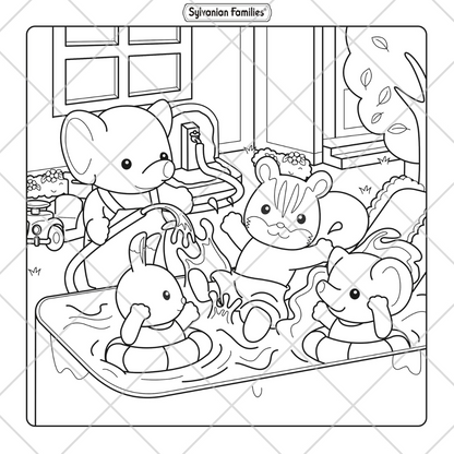 Coloring page of Sylvanian Families characters in a bathtub.