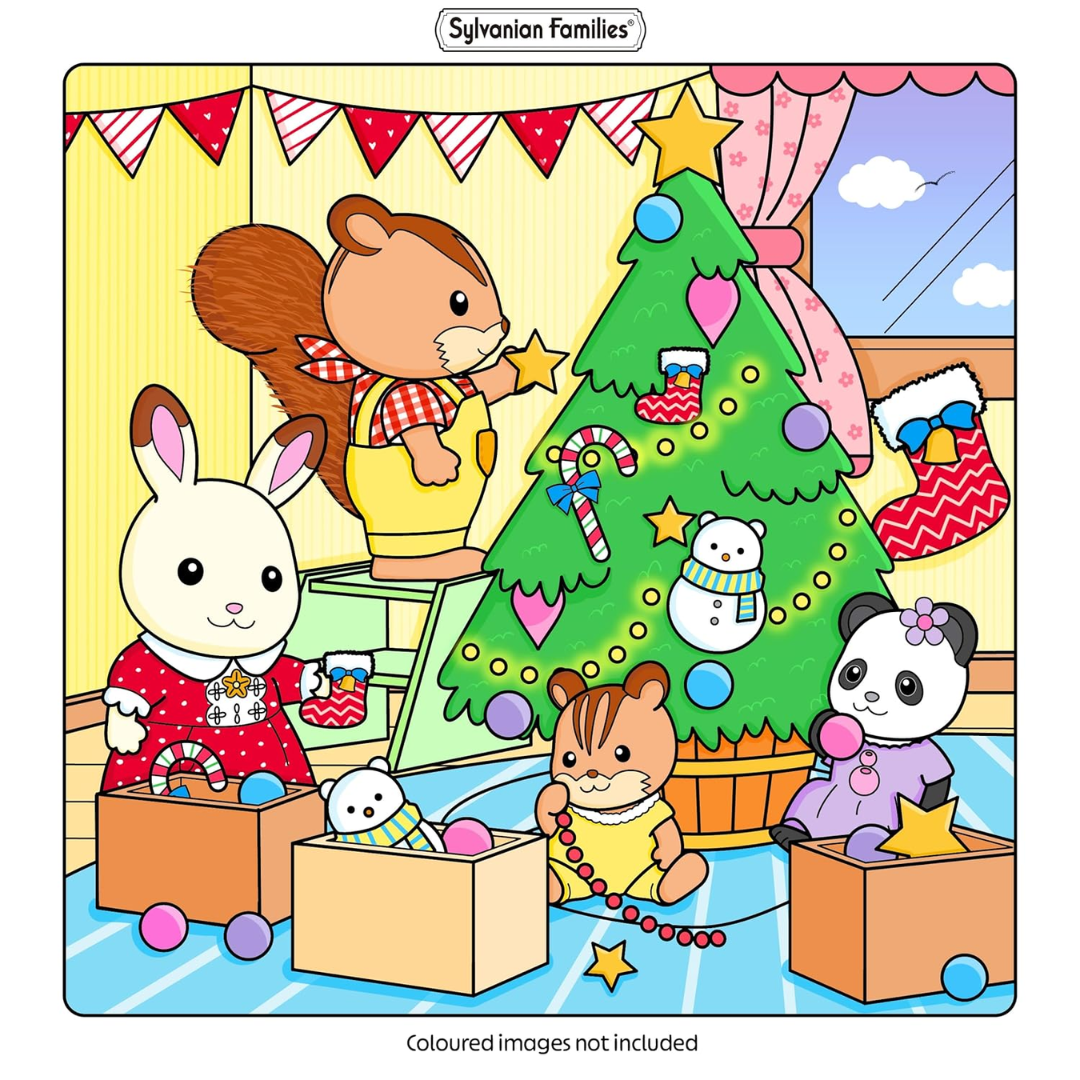 Illustration of Sylvanian Families characters around a Christmas tree with decorations.