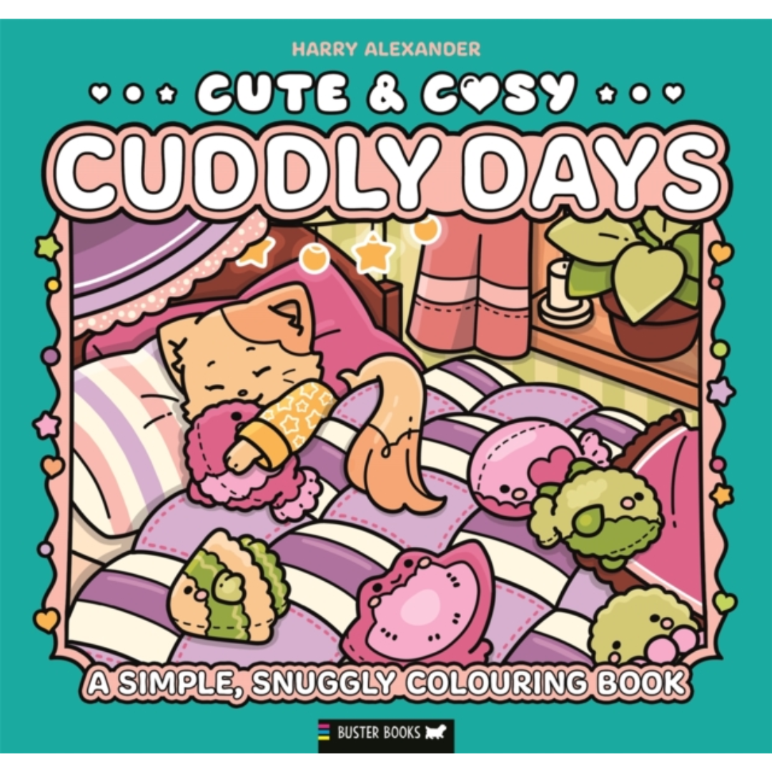 Book cover of 'Cuddly Days' by Harry Alexander with a cat and toys on a bed.