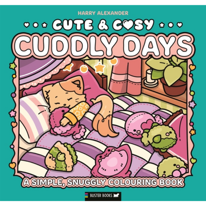 Book cover of 'Cuddly Days' by Harry Alexander with a cat and toys on a bed.