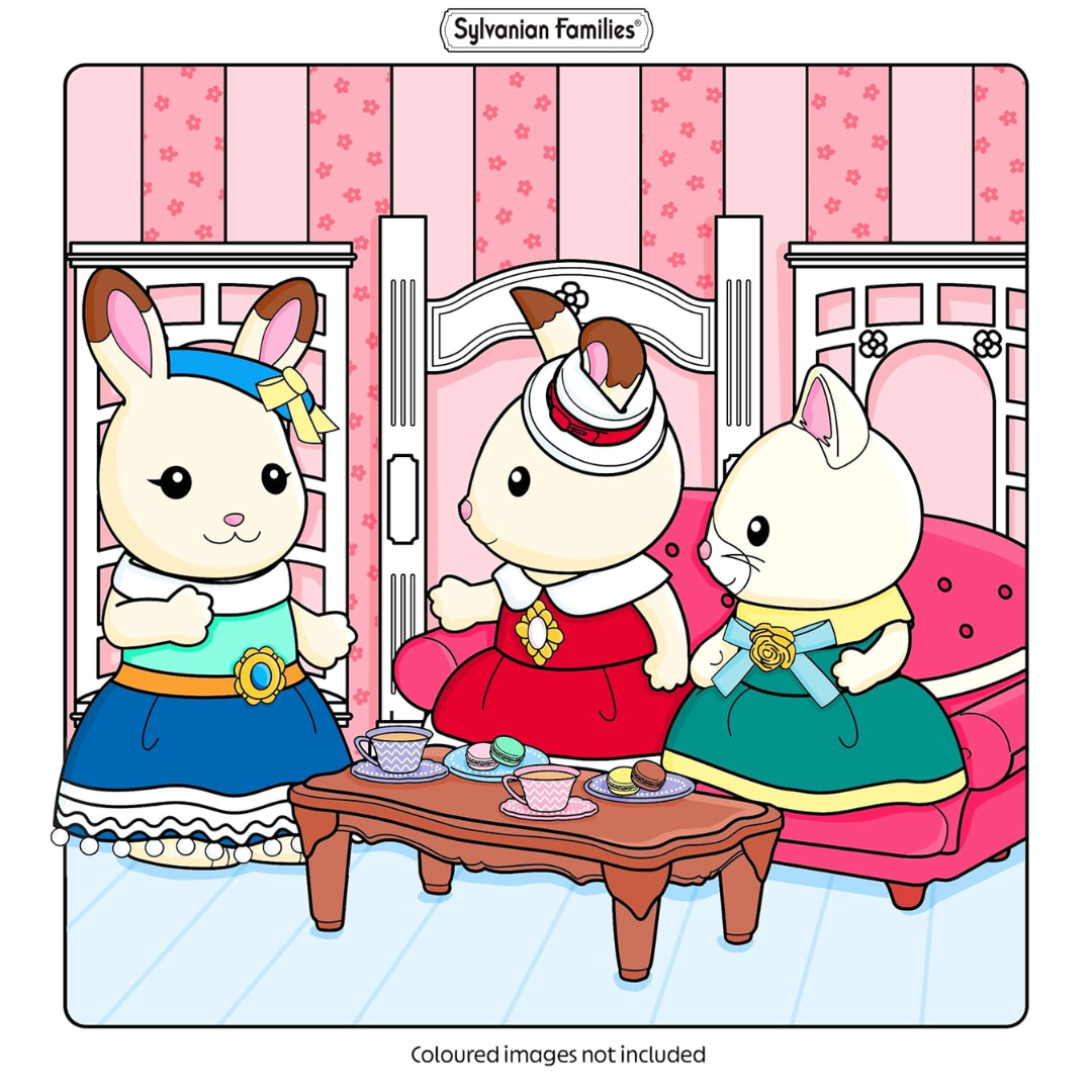 Cartoon characters from Sylvanian Families in a room with pink walls and furniture.