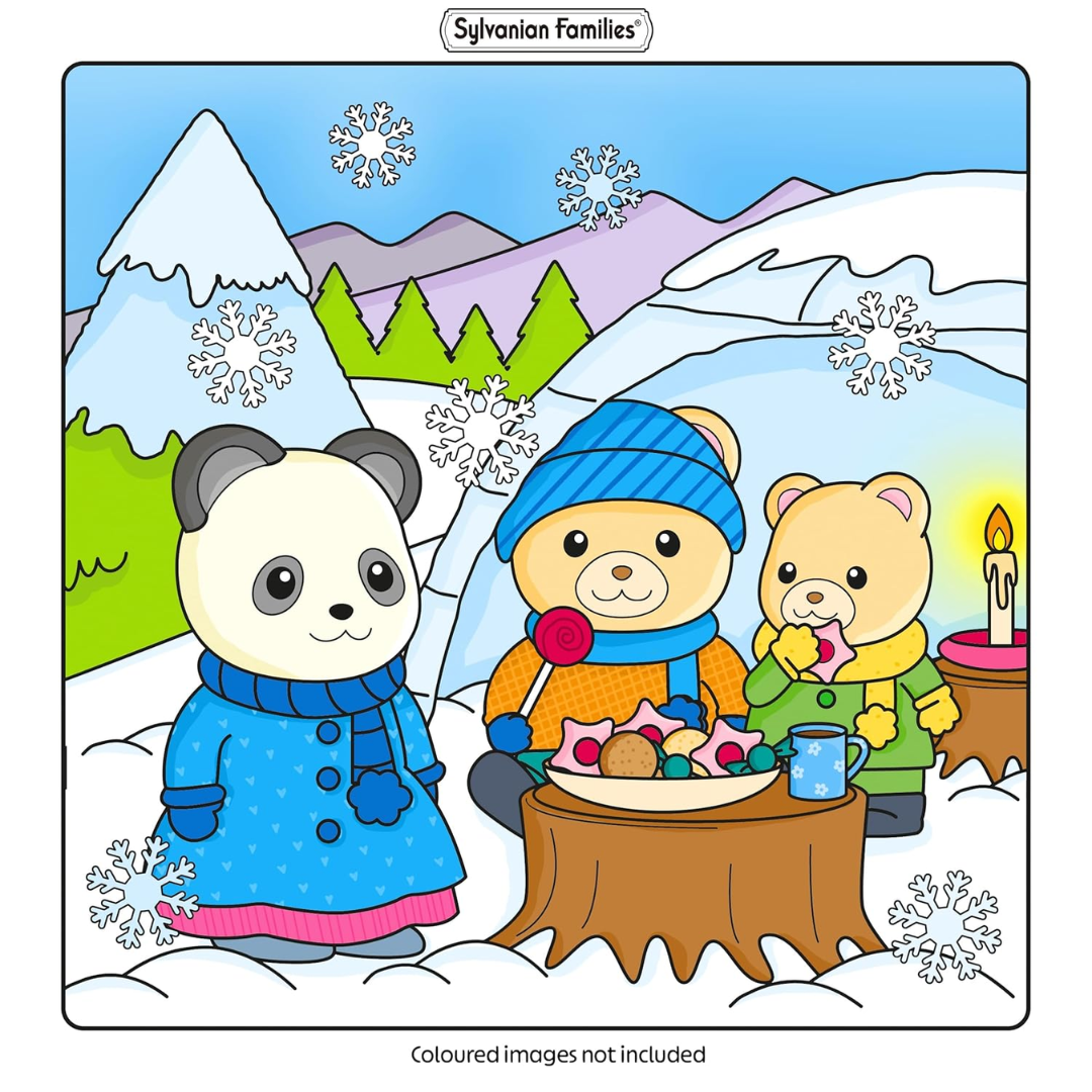 Cartoon bears in winter clothing around a snowy landscape with mountains and trees.