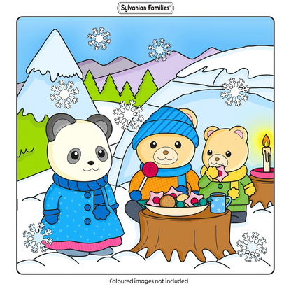 Cartoon bears in winter clothing around a snowy landscape with mountains and trees.
