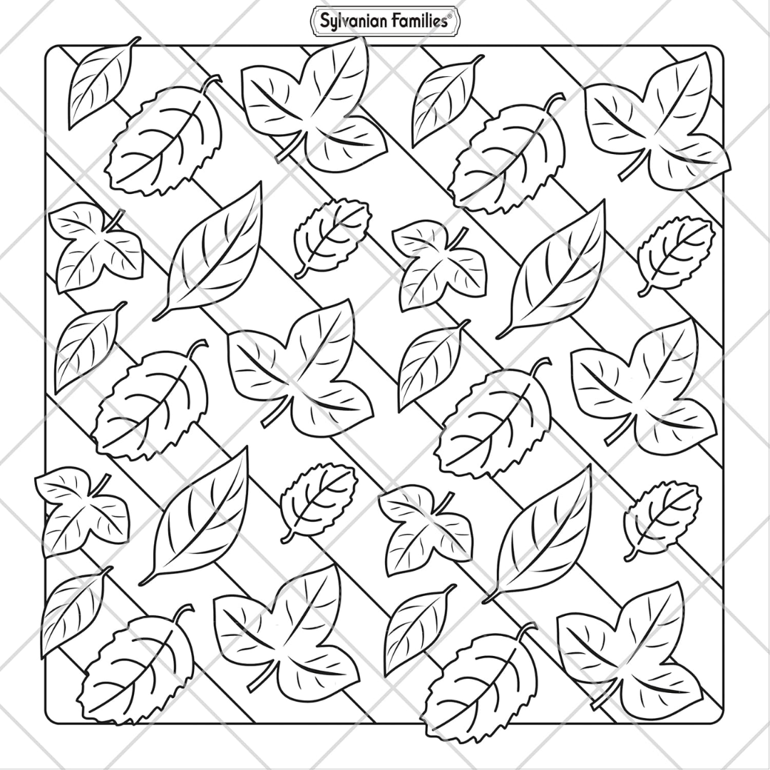 Black and white pattern of leaves with 'Sylvanian Families' branding.