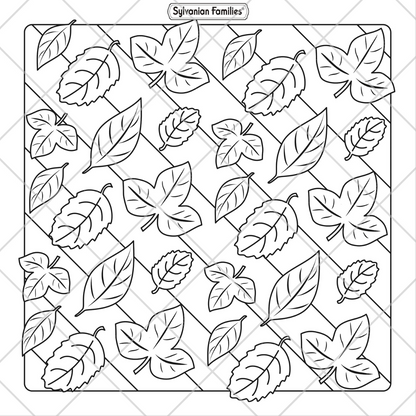 Black and white pattern of leaves with 'Sylvanian Families' branding.
