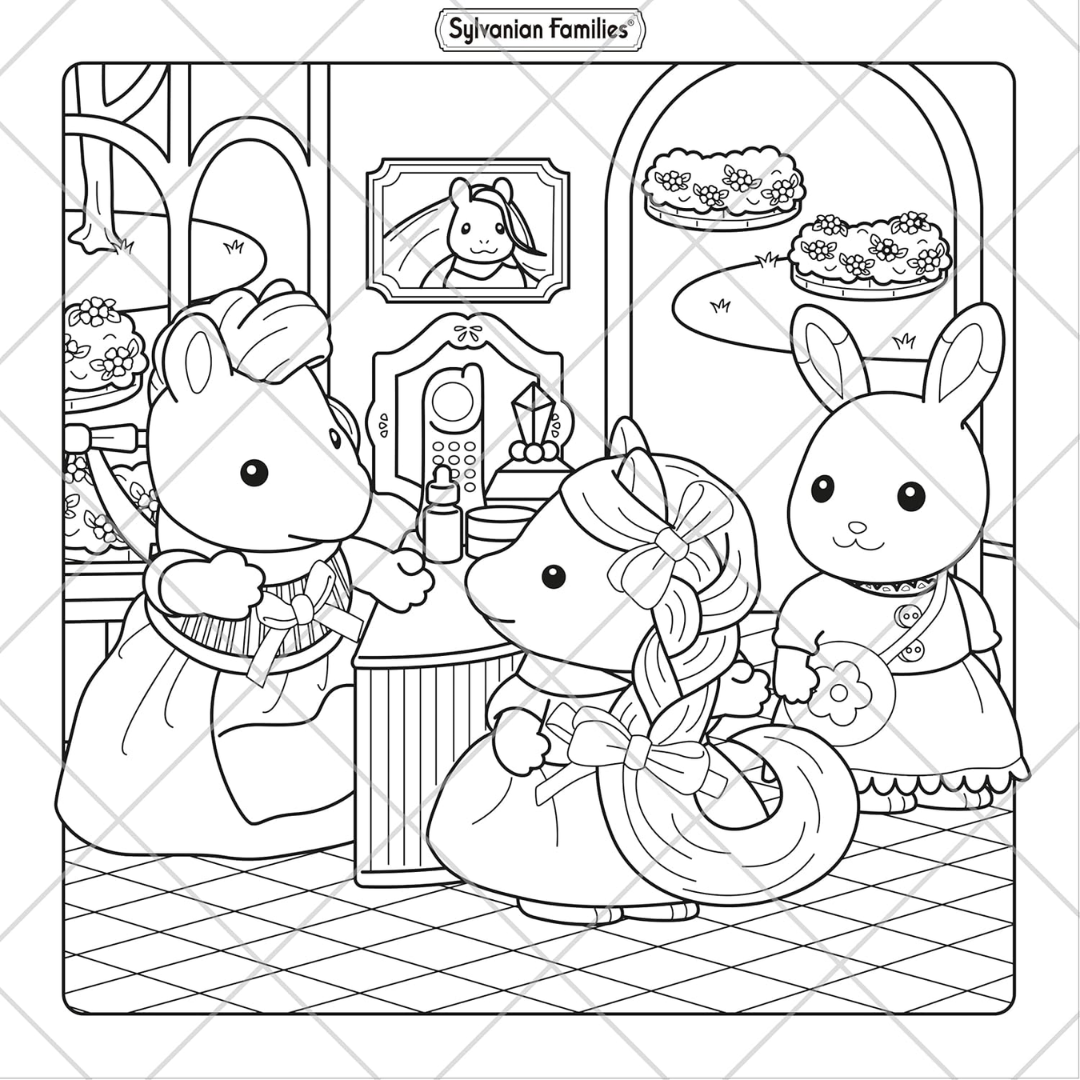 Coloring page of three rabbits in a bakery setting with 'Sylvanian Families' branding.