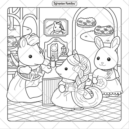 Coloring page of three rabbits in a bakery setting with 'Sylvanian Families' branding.