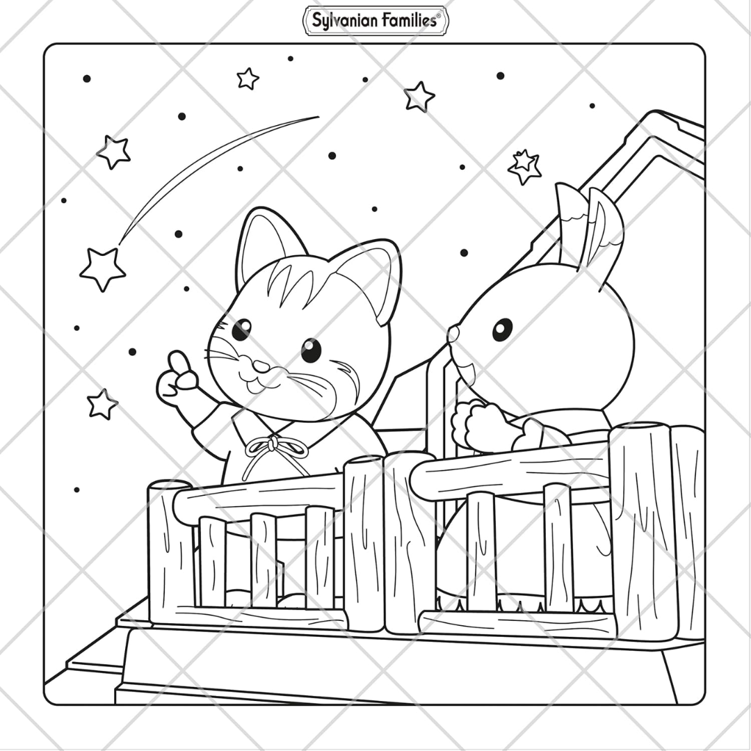 Coloring page of a cat and rabbit on a balcony with stars in the background, featuring the Sylvanian Families logo.