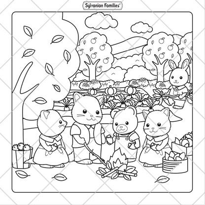 Coloring page with cartoon animals around a campfire, featuring the Sylvanian Families brand.