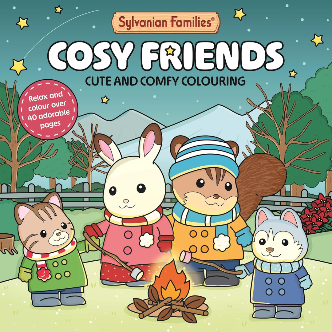 Children's coloring book cover featuring four animated animals around a campfire with a snowy landscape.