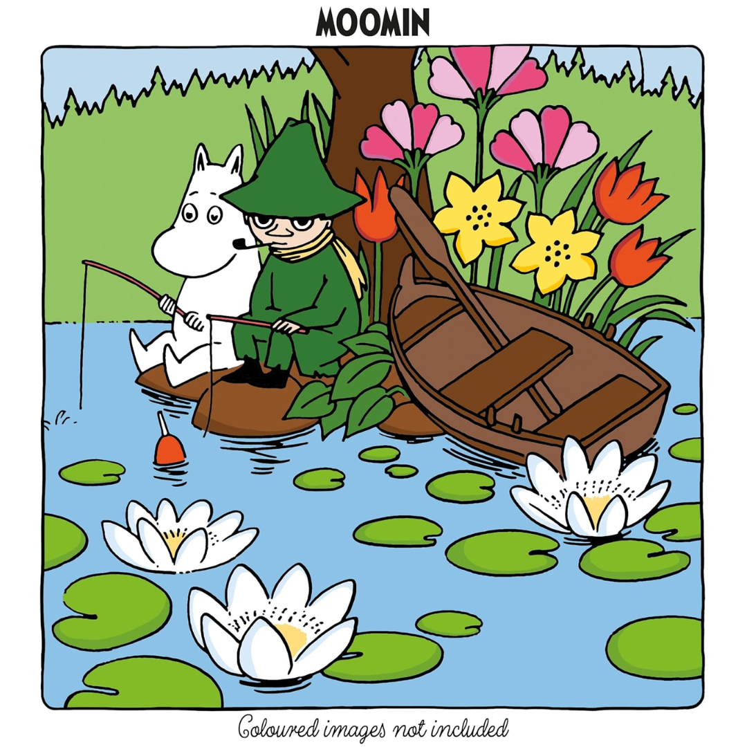 Cartoon scene with two characters by a lake with flowers and lily pads.