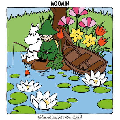 Cartoon scene with two characters by a lake with flowers and lily pads.