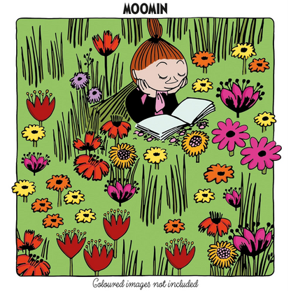 Cartoon character reading a book in a garden with colorful flowers