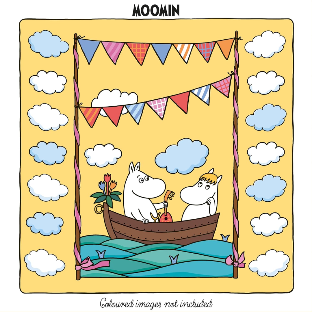 Two cartoon characters in a boat with colorful flags and clouds on a yellow background, featuring the Moomin brand.