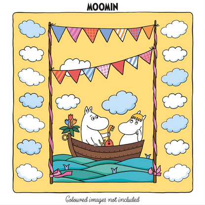 Two cartoon characters in a boat with colorful flags and clouds on a yellow background, featuring the Moomin brand.