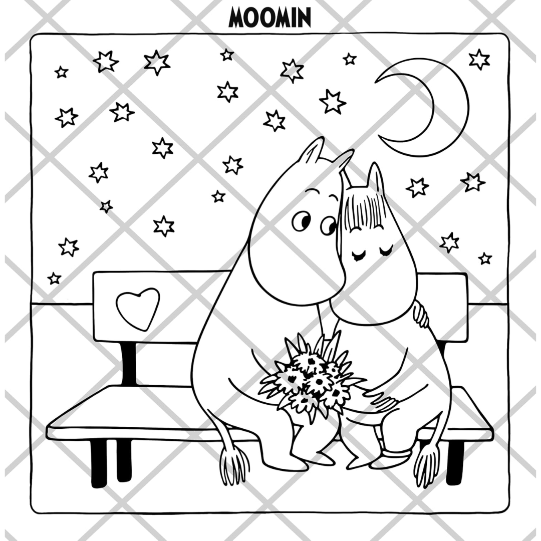 Two cartoon characters sitting on a bench under a starry sky with the word 'Moomin' at the top.