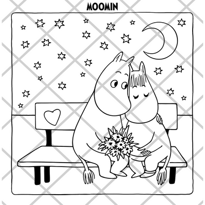 Two cartoon characters sitting on a bench under a starry sky with the word 'Moomin' at the top.