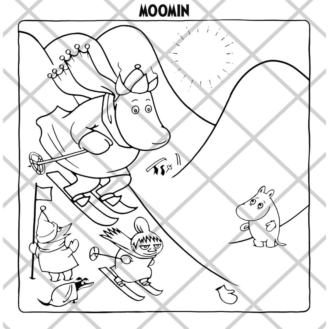 Cartoon character skiing with a dog and another character on a grid background, featuring the Moomin brand.