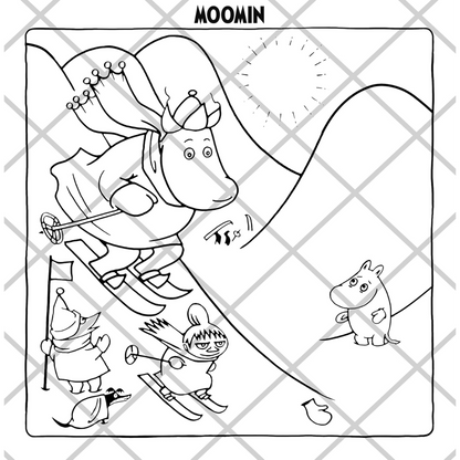 Cartoon character skiing with a dog and another character on a grid background, featuring the Moomin brand.