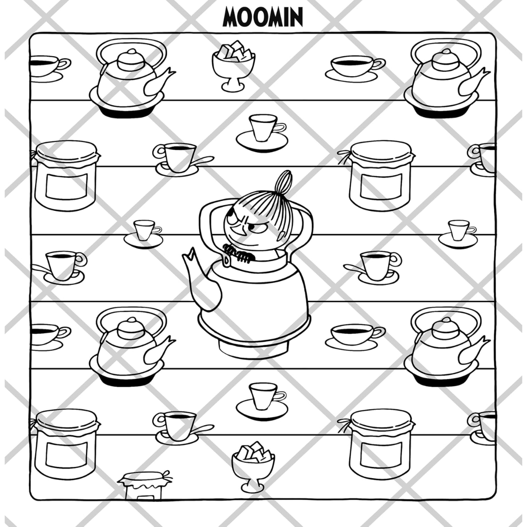Black and white illustration of a character with a teapot on shelves with various items, featuring the Moomin brand.
