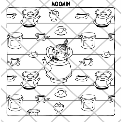 Black and white illustration of a character with a teapot on shelves with various items, featuring the Moomin brand.