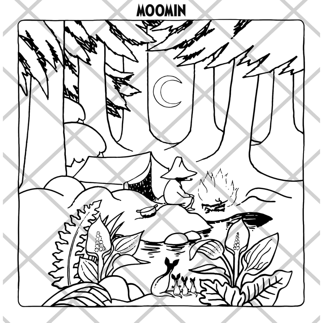 Black and white line drawing of a forest scene with animals, featuring the Moomin brand.