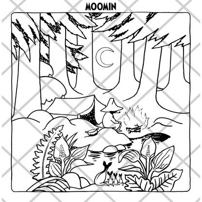 Black and white line drawing of a forest scene with animals, featuring the Moomin brand.